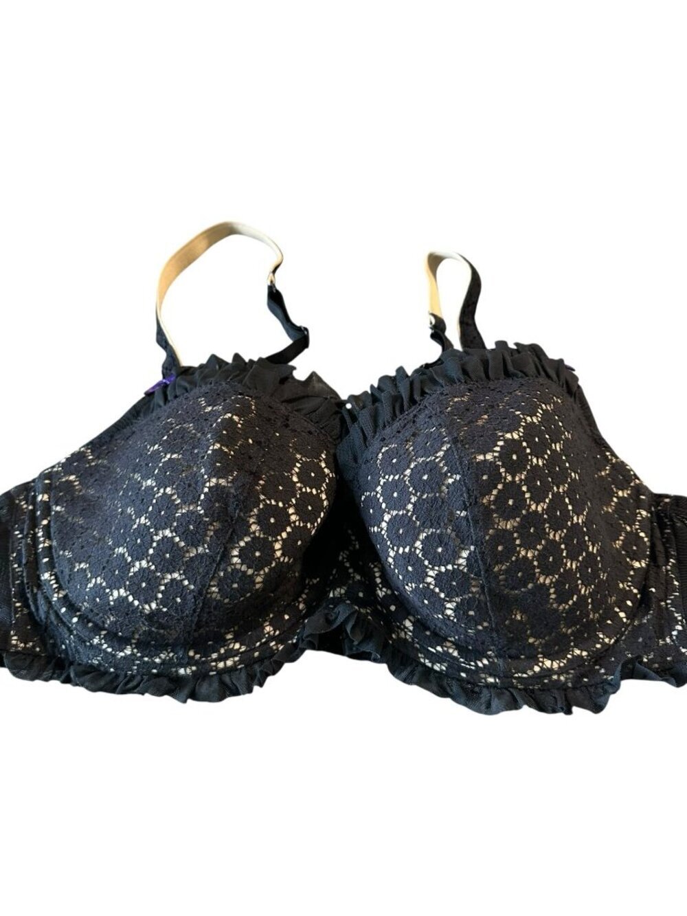 Cacique Lightly Lined French Balconette Black and Tan Bra 42C Lace Lingerie